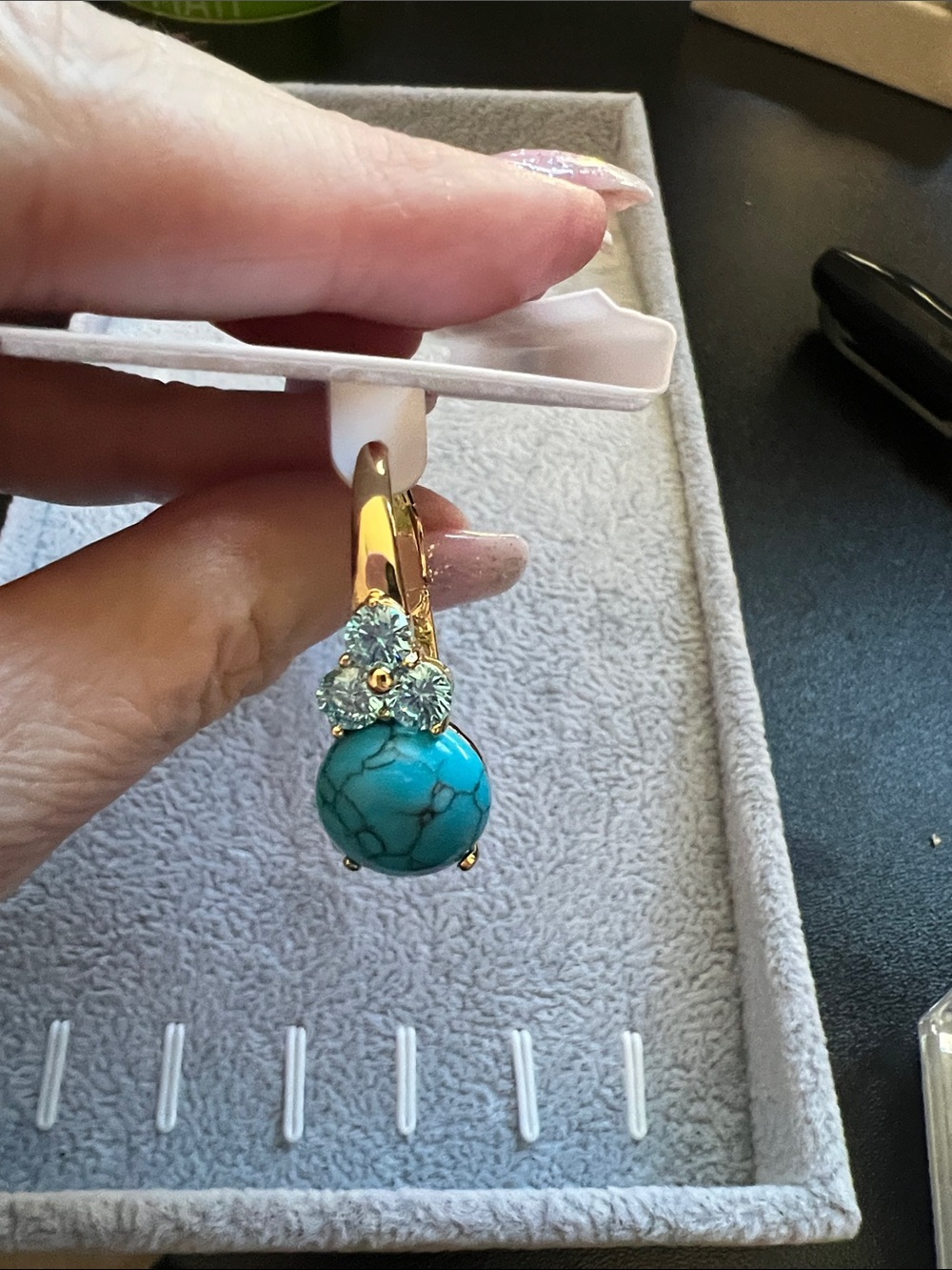 Gold Genuine Turquoise Drop Earring with Aqua Crystal Accents